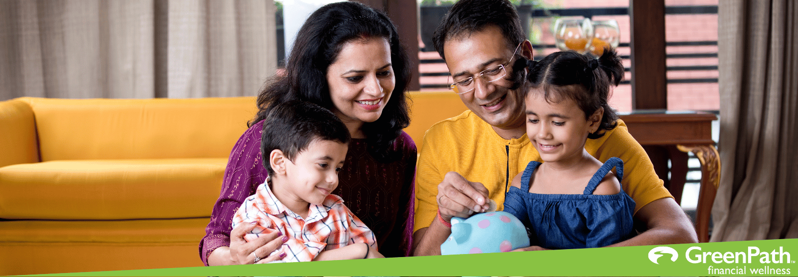 Greenpath header with family smiling at piggy bank together